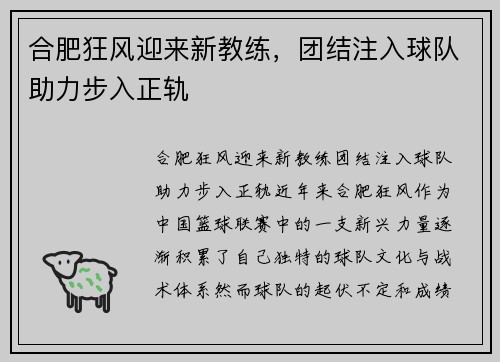 合肥狂风迎来新教练，团结注入球队助力步入正轨