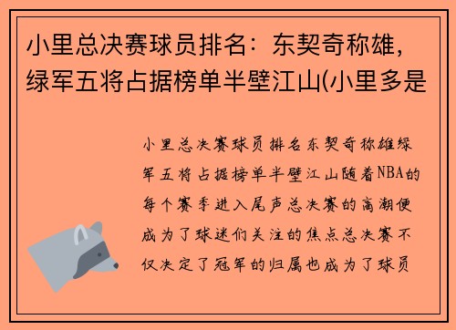 小里总决赛球员排名：东契奇称雄，绿军五将占据榜单半壁江山(小里多是谁)