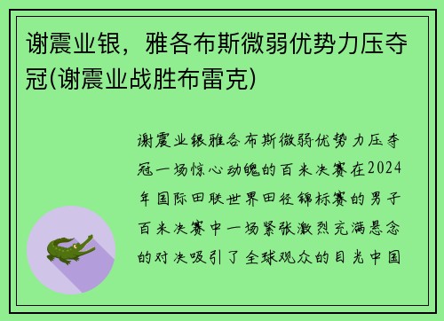 谢震业银，雅各布斯微弱优势力压夺冠(谢震业战胜布雷克)