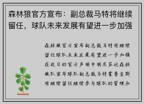 森林狼官方宣布：副总裁马特将继续留任，球队未来发展有望进一步加强