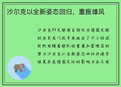 沙尔克以全新姿态回归，重振雄风