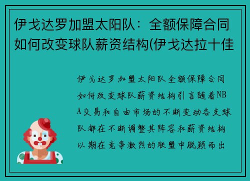 伊戈达罗加盟太阳队：全额保障合同如何改变球队薪资结构(伊戈达拉十佳球高清)